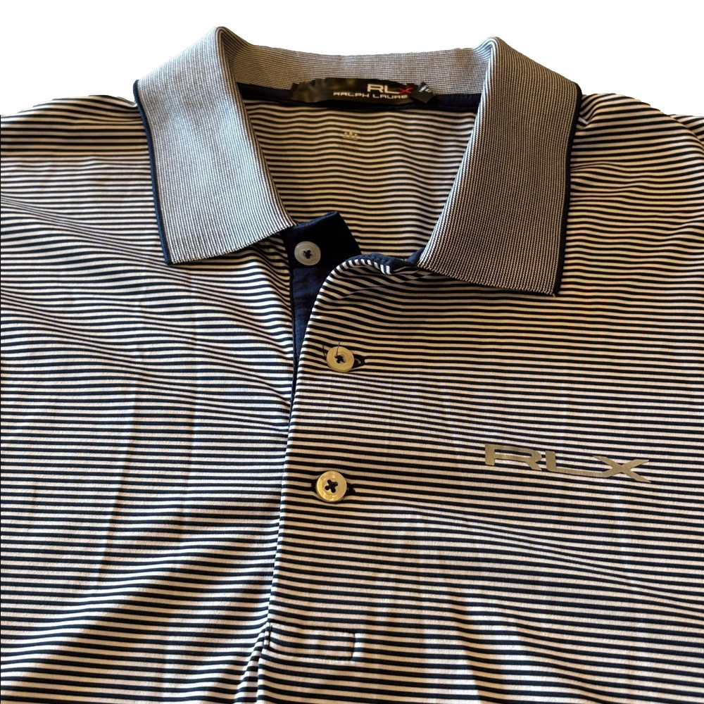 Ralph Lauren RLX Men’s Large Blue Striped Performance Golf Polo Shirt